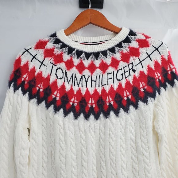 Tommy Hilfiger Women's Ivory/Multi Fair Isle Logo Cable-Knit Sweater Sz S/P NWT - Picture 6 of 11
